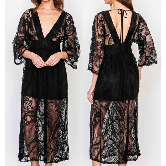 Black Sheer Lace Plunging V Neck Kimono Midi Dress - Picture 2 of 8